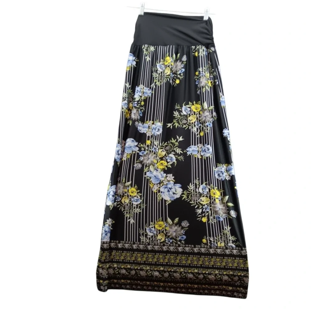 APT 9 Women's Strapless‎ Maxi Skirt XL Black Floral Boho Stretch Summer Pull On
